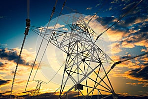 Electricity pylons, sunset sky in background - 3D illustration