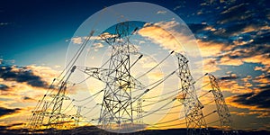 Electricity pylons, sunset sky in background - 3D illustration