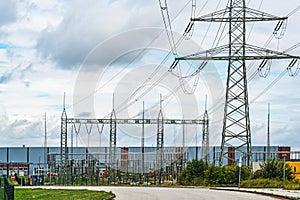 Electricity pylons in the transformer substation at the interim storage facility of the former nuclear power plant in Lubmin near