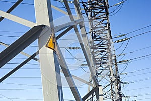 Electricity pylons with warning high voltage sign