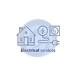 Electricity repair works, house electrical services, home improvement, vector stroke icon