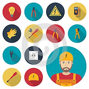 Electricity set icon flat. Icons electric tools, equipments and