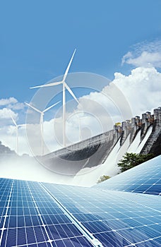 Electricity from solar panels, dams, and wind turbines.