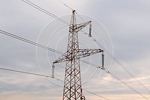 Electricity supply. High voltage power line. Electricity pole and wires on a sky background