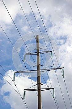 Electricity Supply Line Pylon Closeup, Cables, Bright Summer Cloudscape, Vertical Sky Clouds Background