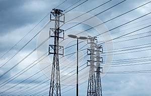 electricity towers in cloudy weather photo
