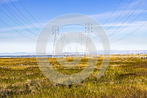 Electricity towers in the south of San Francisco bay, Mountain View, California
