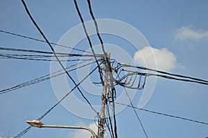 Tangled wires at electric tower photo