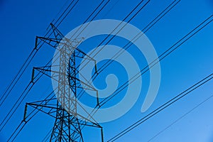 Electricity transmission and blue sky at dusk , Power Tower at bangkok in thailand