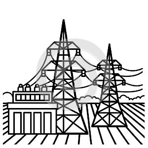 Electricity transmission. The concept of power lines and transformer substation. Vector line art illustration