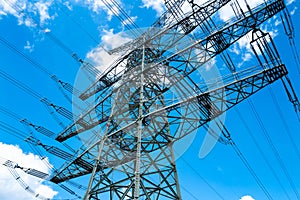 Electricity transmission. High power electricity poles. Energy supply. Distribution of energy. Energy transmission concept. High