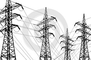 Electricity transmission lines with wires and towers. Black and white line art drawing illustration. Concept of electric power