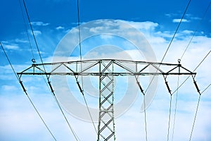 electricity transportation with high voltage wire on pylon photo