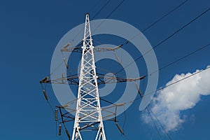 Electricity voltage high energy power technology electrical tower industry line electric blue sky