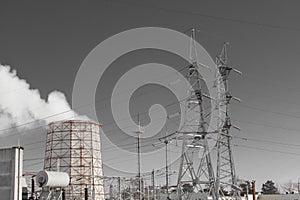 Electricity voltage high energy power technology electrical tower industry line electric grey sky