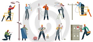 Electricity workers repair power line, changing lamp bulb. Professional electricity workers service power grids vector