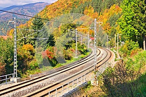 Electrified railway track near the village of Stankovany during autumn