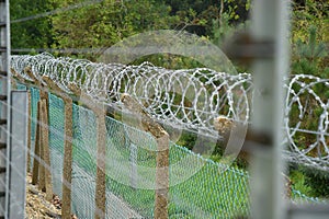 Electrified security fence and razor wire.