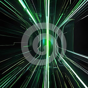 An electrifying 3D composition with abstract green neon lines dancing energetically on a profound black background, leaving dazz