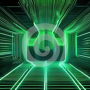 An electrifying 3D composition with abstract green neon lines dancing energetically on a profound black background, leaving dazz