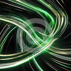 An electrifying 3D composition with abstract green neon lines dancing energetically on a profound black background, leaving dazz