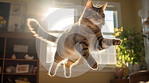 Electrifying cat playfulness in a sunlit room