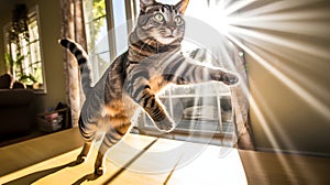 Electrifying cat playfulness in a sunlit room