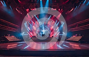 An electrifying scene featuring an empty stage for a rock concert, for an epic and energetic performance