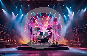 An electrifying scene featuring an empty stage for a rock concert, for an epic and energetic performance