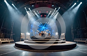 An electrifying scene featuring an empty stage for a rock concert, for an epic and energetic performance