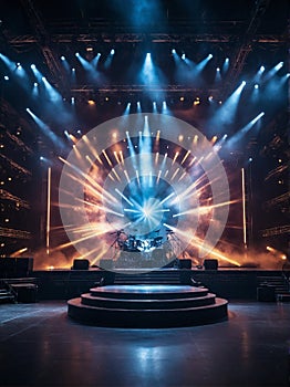 An electrifying scene featuring an empty stage for a rock concert, for an epic and energetic performance