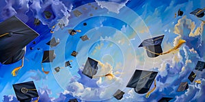 Electrifying Scene of Graduation Caps Soaring High in Radiant Blue Sky