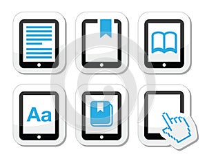 E-book reader, e-reader icons set