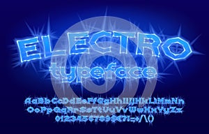 Electro alphabet font. Electric letters, numbers and punctuation.