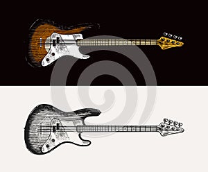 Electro bass guitar in monochrome engraved vintage style. Hand drawn sketch for Rock festival or blues and ragtime