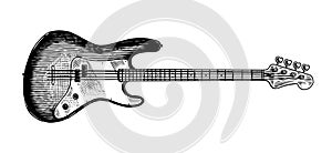 Electro bass guitar in monochrome engraved vintage style. Hand drawn sketch for Rock festival or blues and ragtime