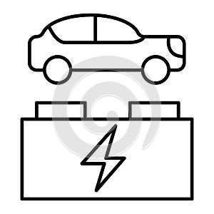Electro car and accumulator thin line icon. Electric auto and battery illustration isolated on white. Eco car outline