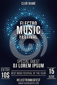 Electro music festival. Party poster. Stylish blue glittering halftone frame. Glowing vibrant ring. Text decoration. Festive