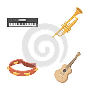 Electro organ, trumpet, tambourine, string guitar. Musical instruments set collection icons in cartoon style vector