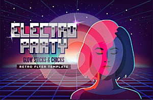 Electro party music poster template. Violet neon fashion girl. 80s Retro Sci-Fi Background with Sunrise or Sunset