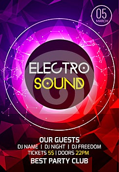 Electro sound party music poster. Electronic club deep music. Musical event disco trance sound. Night party invitation.