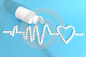 An electrocardiogram made of white tablets with a heart symbol. Blue background. A white pill jar. The concept of cardiac