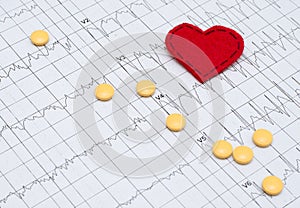 Electrocardiogram on paper. Tablets lie on an EKG. Red heart mad