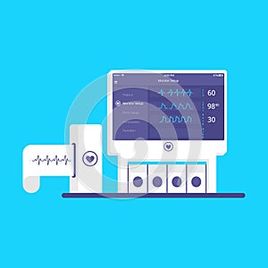 Electrocardiograph machine vector. Flat medical ekg device. Medical equipment