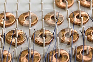 Electromagnetic coils on production line in electromagnetics factory, close-up.