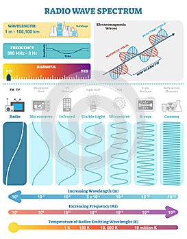 Electromagnetic Waves: Radio Wave Spectrum. Vector illustration diagram with wavelength, frequency, harmfulness and wave structure