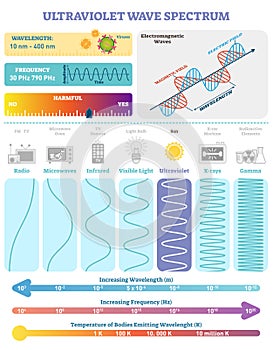 Electromagnetic Waves: Ultraviolet Wave Spectrum. Vector illustration diagram with wavelength, frequency, and wave structure. photo