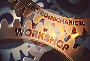Electromechanical Workshop on Golden Gears. 3D Illustration.