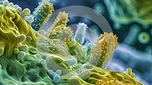 An electron microscope image of a biofilm formed by a group of pathogenic bacteria providing protection and nourishment photo
