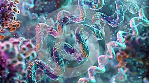 An electron microscope image of the DNA replication process with individual nucleotides being added to the growing DNA